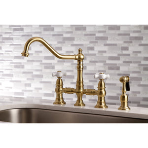 Restoration KS3277PXBS Two-Handle 4-Hole Deck Mount Bridge Kitchen Faucet with Side Sprayer, Brushed Brass
