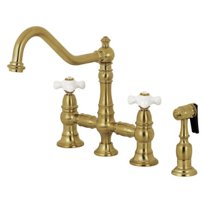 Restoration KS3277PXBS Two-Handle 4-Hole Deck Mount Bridge Kitchen Faucet with Side Sprayer, Brushed Brass