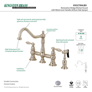 Restoration KS3278ALBS Two-Handle 4-Hole Deck Mount Bridge Kitchen Faucet with Side Sprayer, Brushed Nickel
