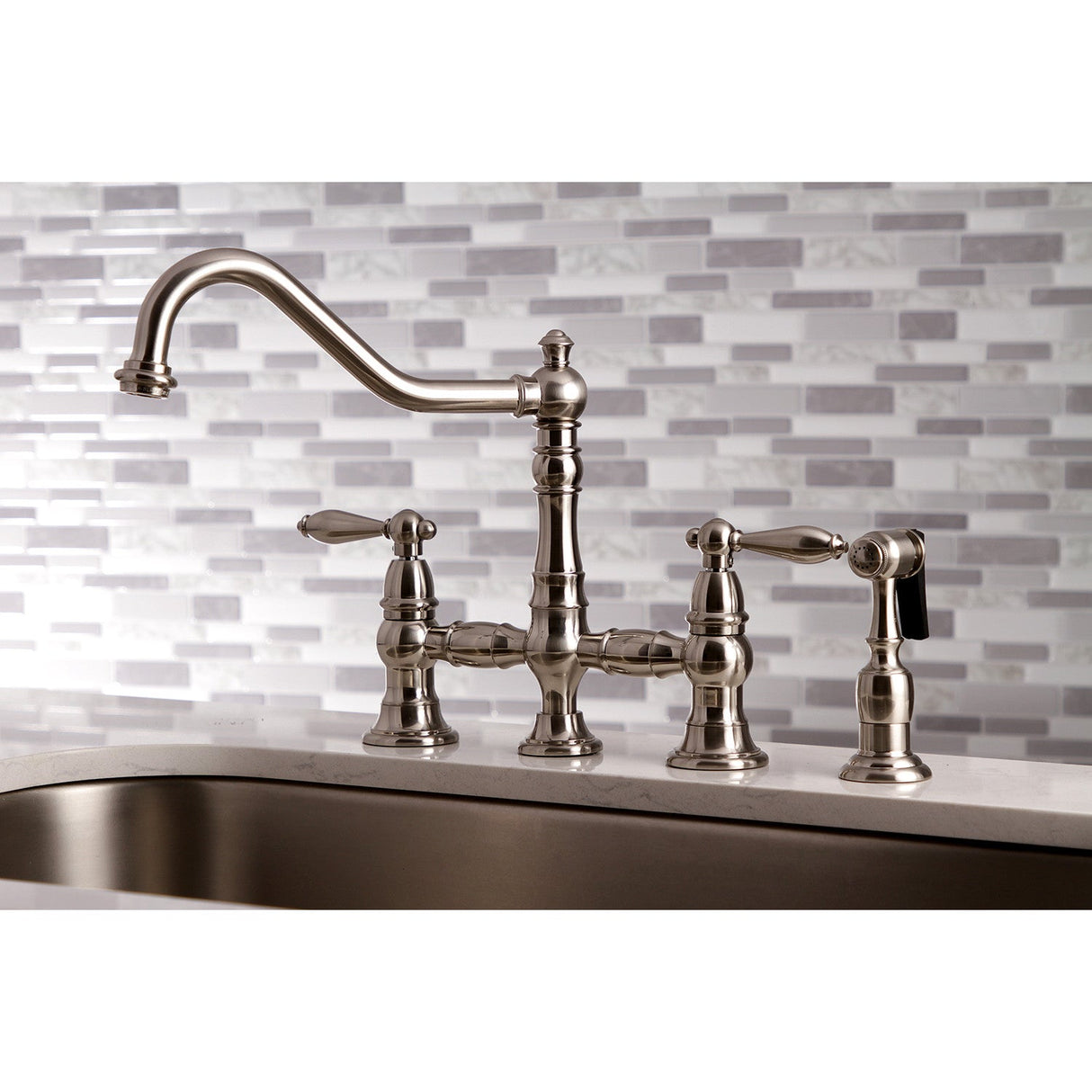 Restoration KS3278ALBS Two-Handle 4-Hole Deck Mount Bridge Kitchen Faucet with Side Sprayer, Brushed Nickel