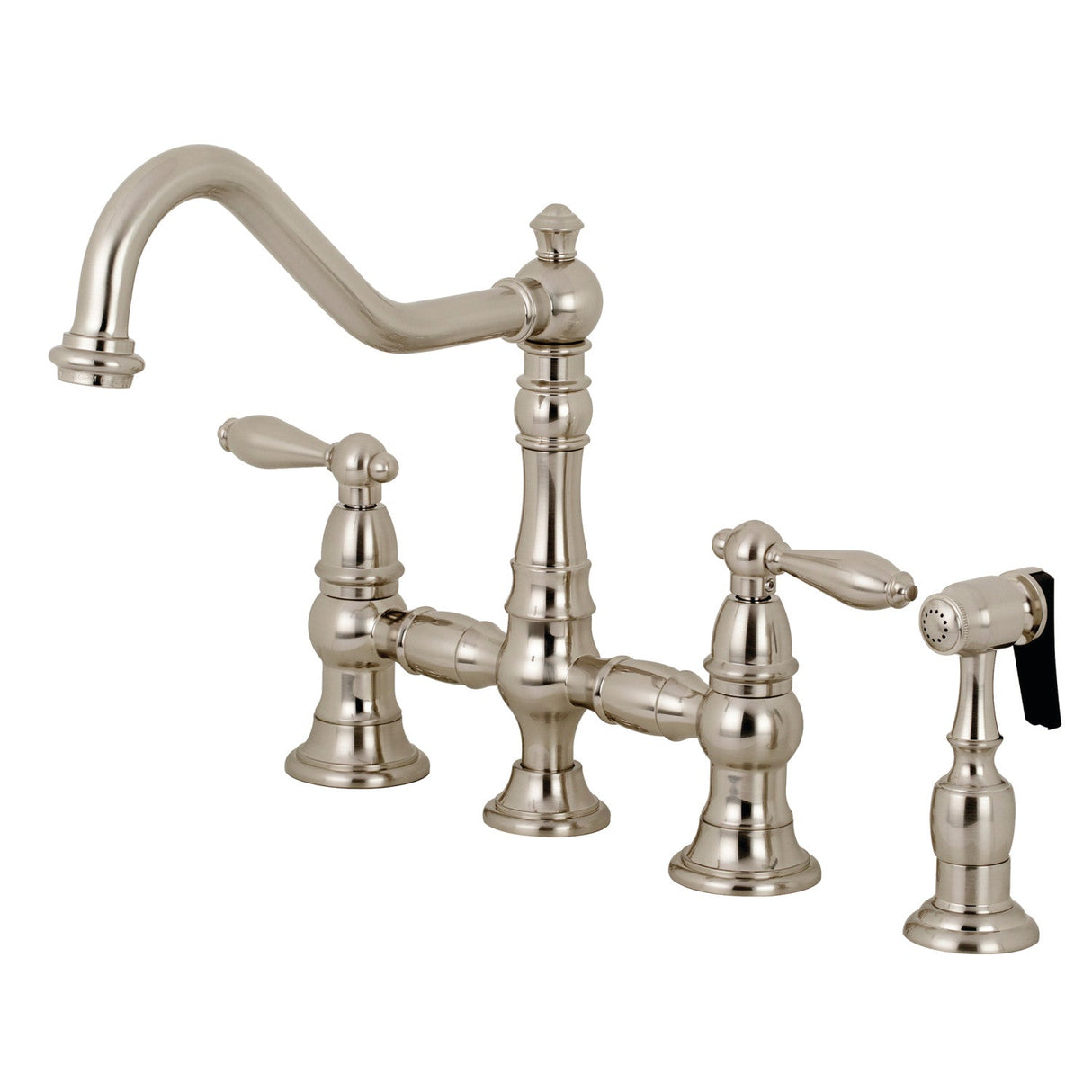 Restoration KS3278ALBS Two-Handle 4-Hole Deck Mount Bridge Kitchen Faucet with Side Sprayer, Brushed Nickel