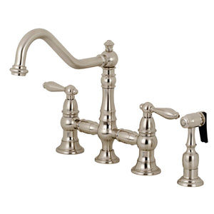 Restoration KS3278ALBS Two-Handle 4-Hole Deck Mount Bridge Kitchen Faucet with Side Sprayer, Brushed Nickel