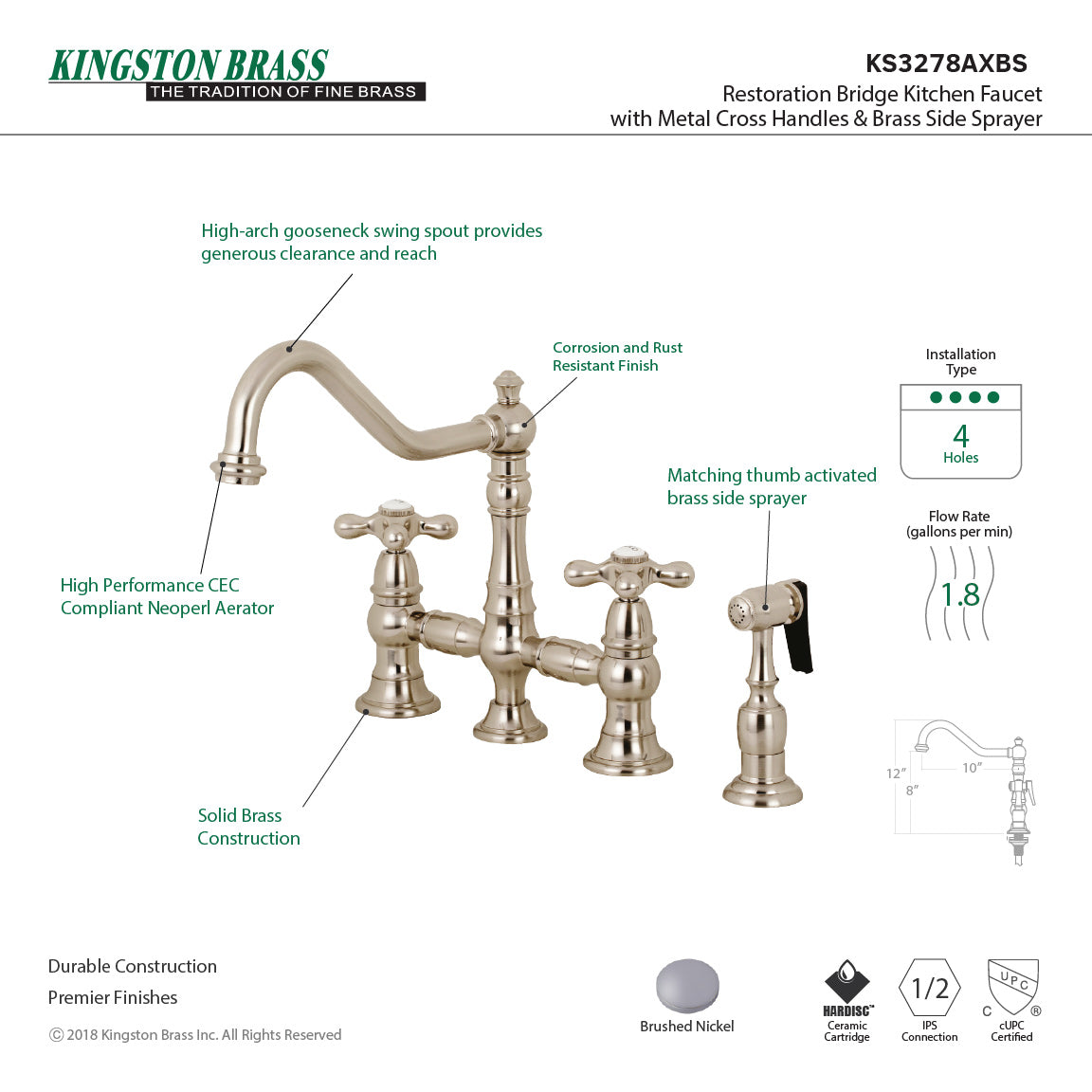 Restoration KS3278AXBS Two-Handle 4-Hole Deck Mount Bridge Kitchen Faucet with Side Sprayer, Brushed Nickel