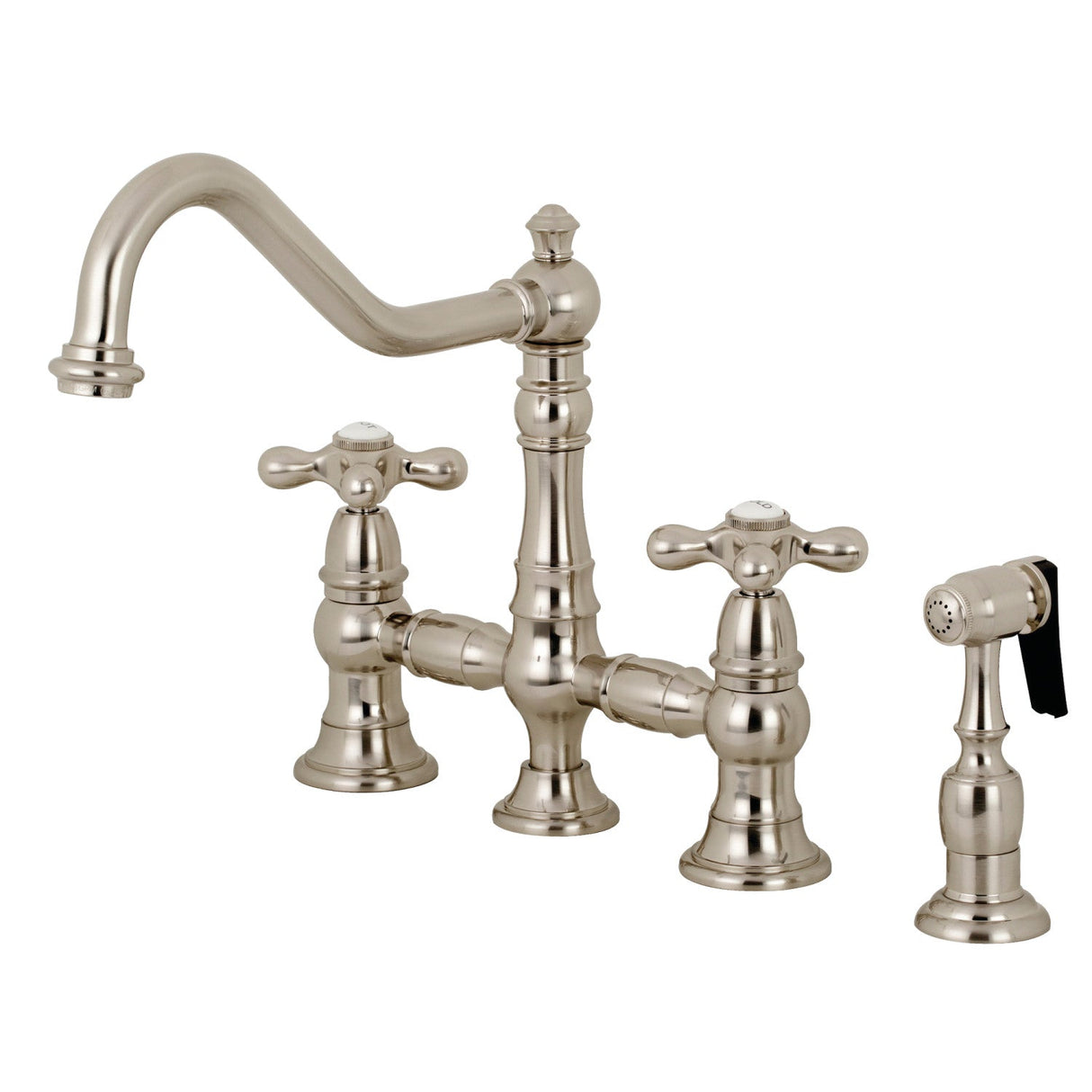 Restoration KS3278AXBS Two-Handle 4-Hole Deck Mount Bridge Kitchen Faucet with Side Sprayer, Brushed Nickel