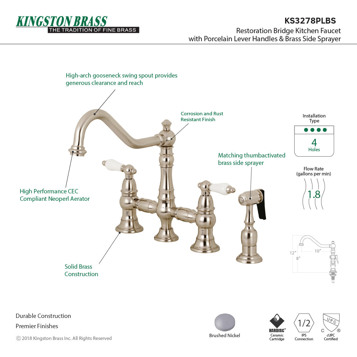 Restoration KS3278PLBS Two-Handle 4-Hole Deck Mount Bridge Kitchen Faucet with Side Sprayer, Brushed Nickel