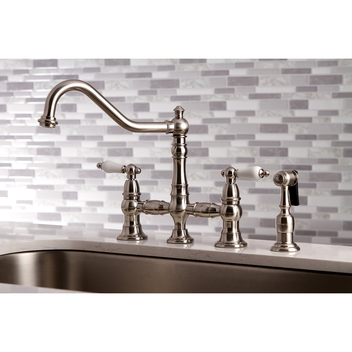 Restoration KS3278PLBS Two-Handle 4-Hole Deck Mount Bridge Kitchen Faucet with Side Sprayer, Brushed Nickel