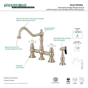 Restoration KS3278PXBS Two-Handle 4-Hole Deck Mount Bridge Kitchen Faucet with Side Sprayer, Brushed Nickel