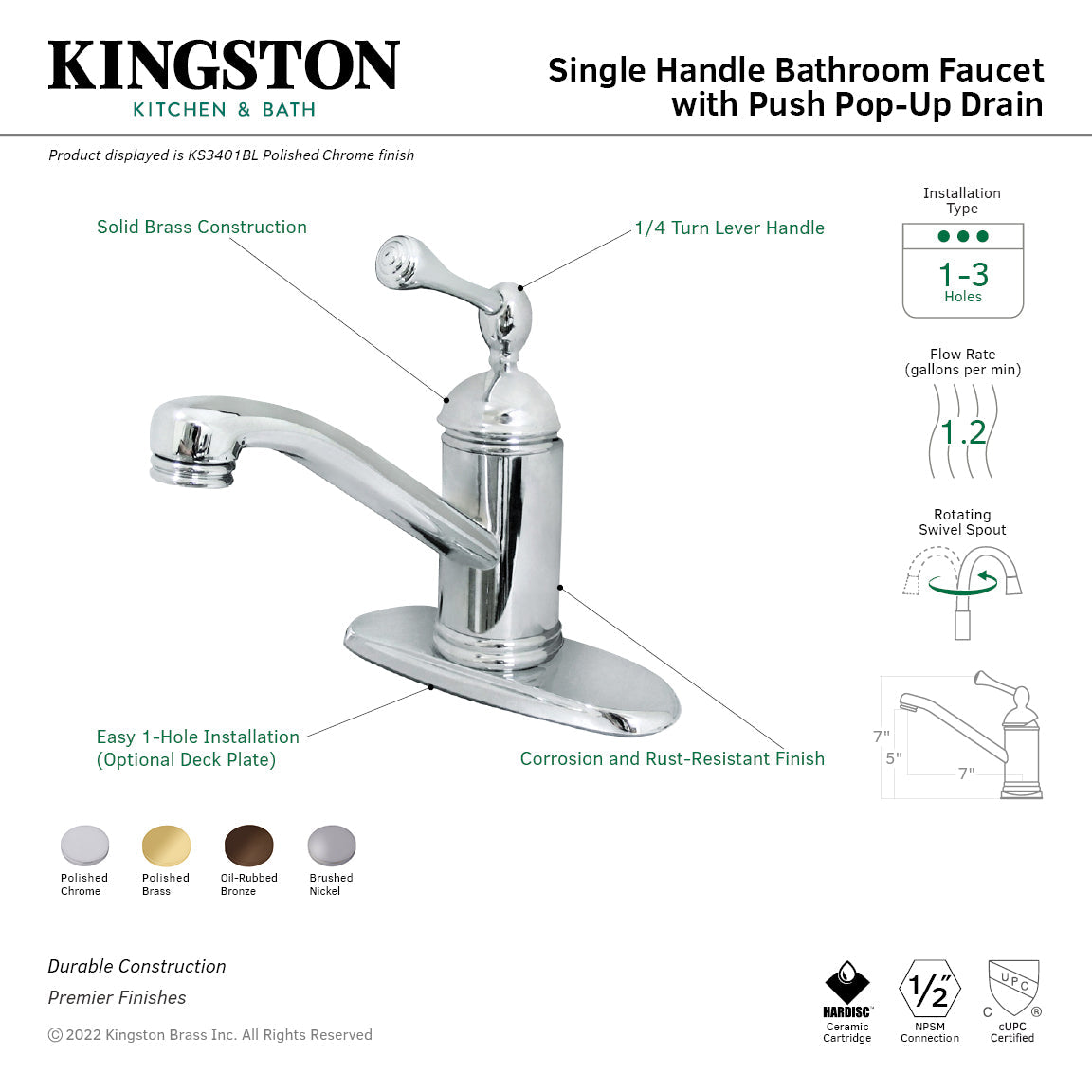 KS3408BL Single-Handle 1-Hole Deck Mount Bathroom Faucet with Push Pop-Up, Brushed Nickel