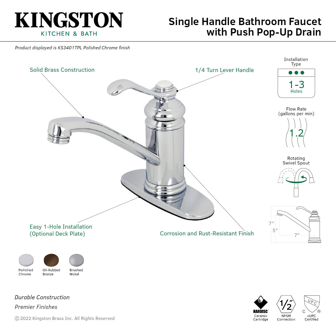 Templeton KS3408TPL Single-Handle 1-Hole Deck Mount Bathroom Faucet with Push Pop-Up, Brushed Nickel