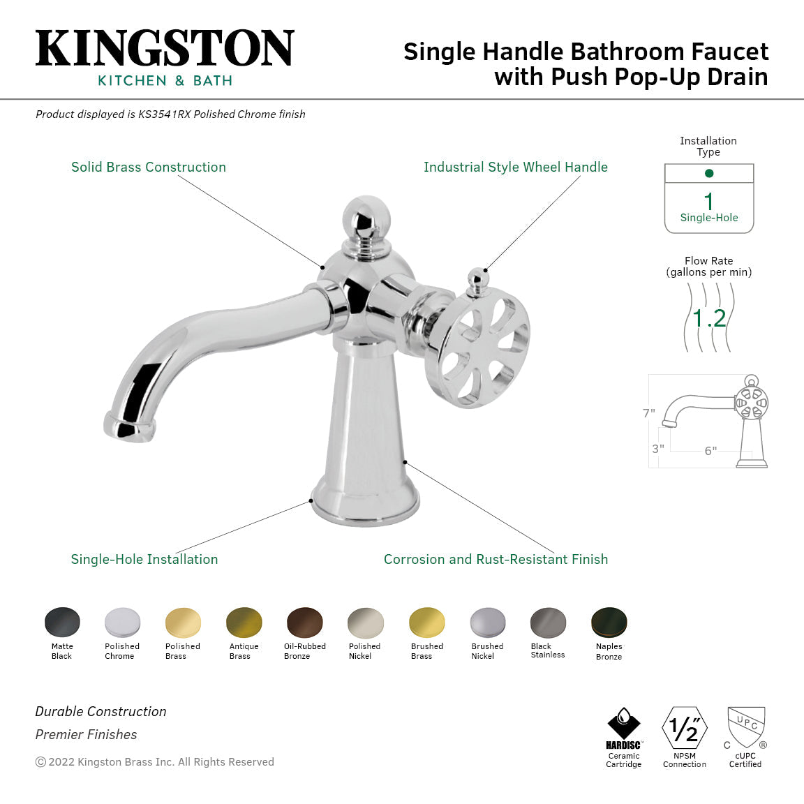 Belknap KS3540RX Single-Handle 1-Hole Deck Mount Bathroom Faucet with Push Pop-Up, Matte Black