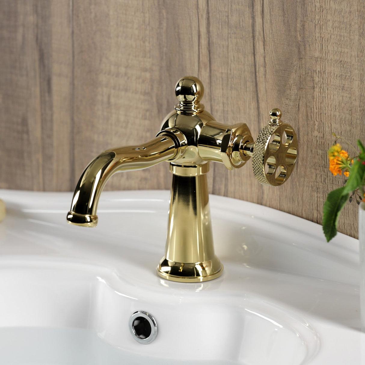 Webb KS3542RKX Single-Handle 1-Hole Deck Mount Bathroom Faucet with Knurled Handle and Push Pop-Up Drain, Polished Brass