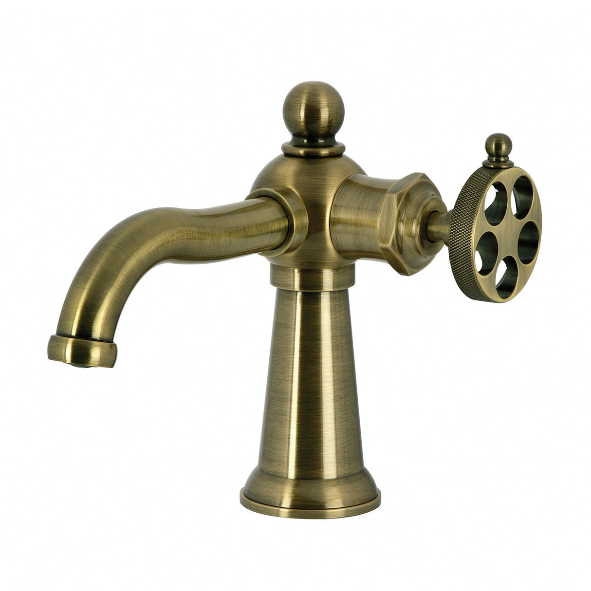 Wendell KS3543RKZ Single-Handle 1-Hole Deck Mount Bathroom Faucet with Knurled Handle and Push Pop-Up Drain, Antique Brass