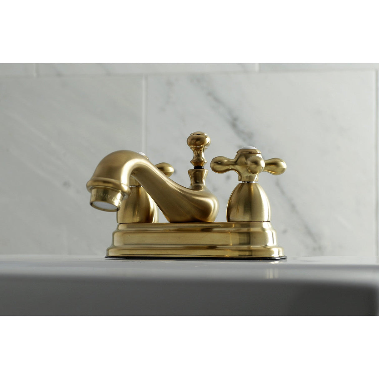 Restoration KS3607AX Two-Handle 3-Hole Deck Mount 4" Centerset Bathroom Faucet with Brass Pop-Up, Brushed Brass