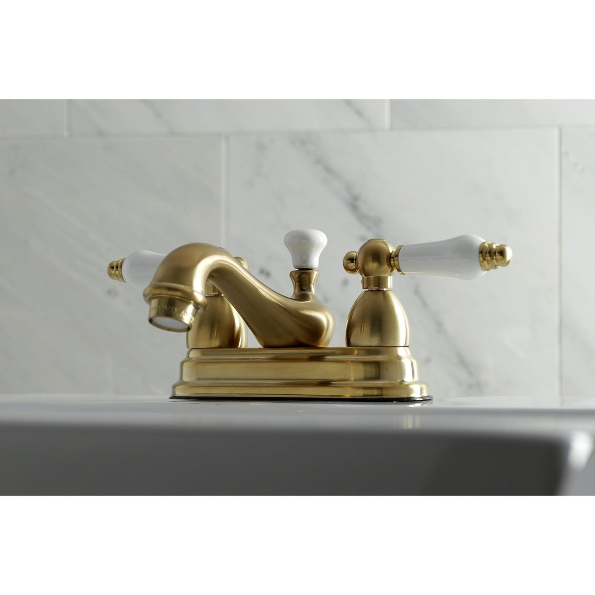 Restoration KS3607PL Two-Handle 3-Hole Deck Mount 4" Centerset Bathroom Faucet with Brass Pop-Up, Brushed Brass