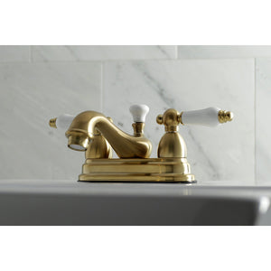 Restoration KS3607PL Two-Handle 3-Hole Deck Mount 4" Centerset Bathroom Faucet with Brass Pop-Up, Brushed Brass