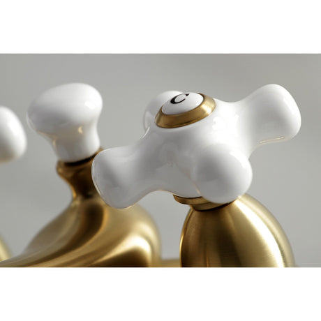 Restoration KS3607PX Two-Handle 3-Hole Deck Mount 4" Centerset Bathroom Faucet with Brass Pop-Up, Brushed Brass