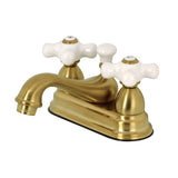 Restoration KS3607PX Two-Handle 3-Hole Deck Mount 4" Centerset Bathroom Faucet with Brass Pop-Up, Brushed Brass