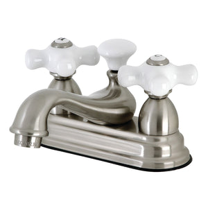 Restoration KS3608PX Two-Handle 3-Hole Deck Mount 4" Centerset Bathroom Faucet with Brass Pop-Up, Brushed Nickel