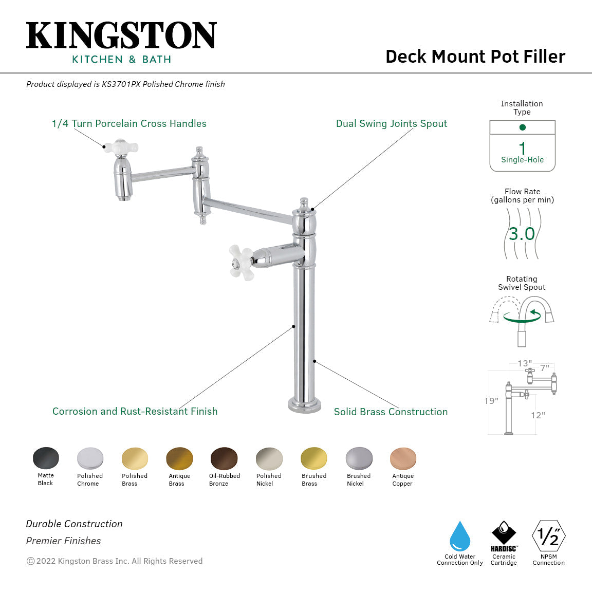 Restoration KS3701PX Single-Hole Deck Mount Pot Filler, Polished Chrome