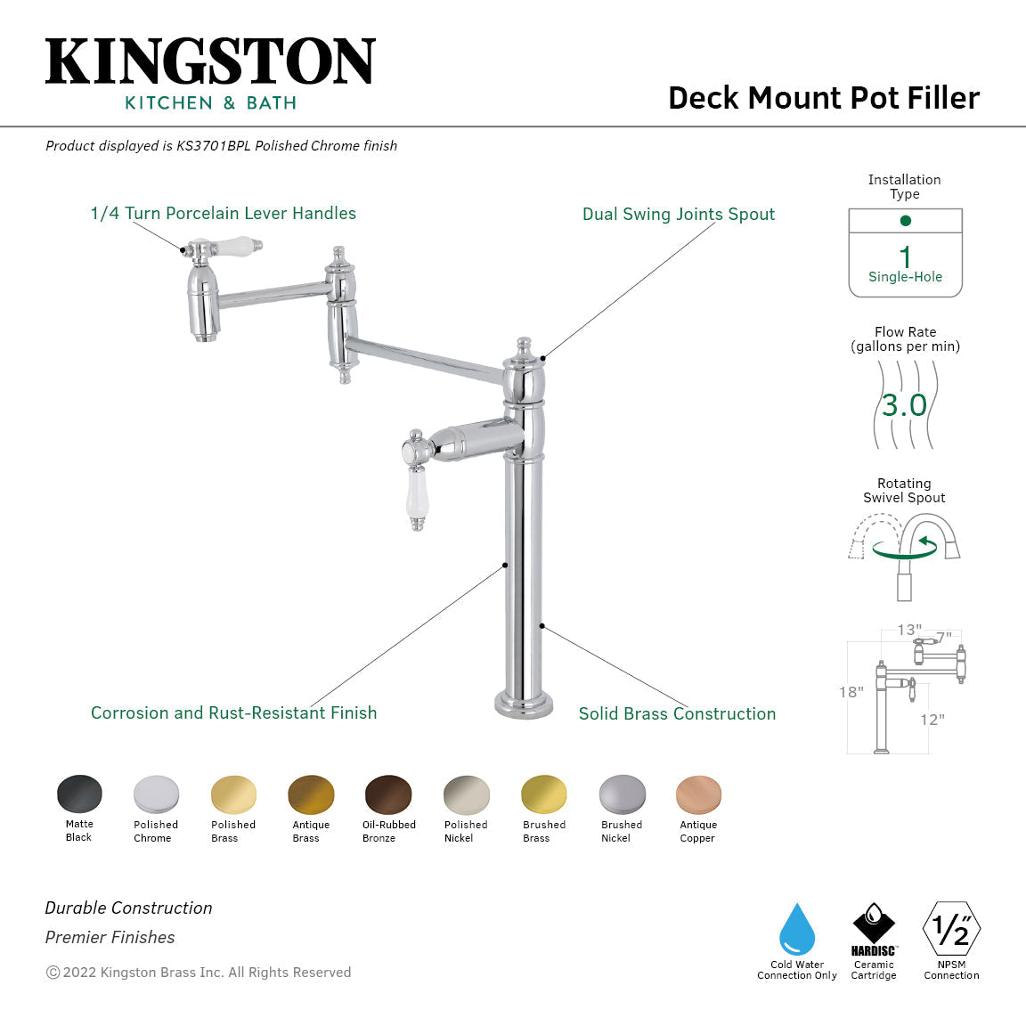 Bel-Air KS3702BPL Single-Hole Deck Mount Pot Filler, Polished Brass