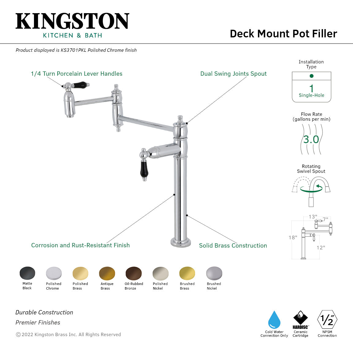 Duchess KS3702PKL Single-Hole Deck Mount Pot Filler, Polished Brass