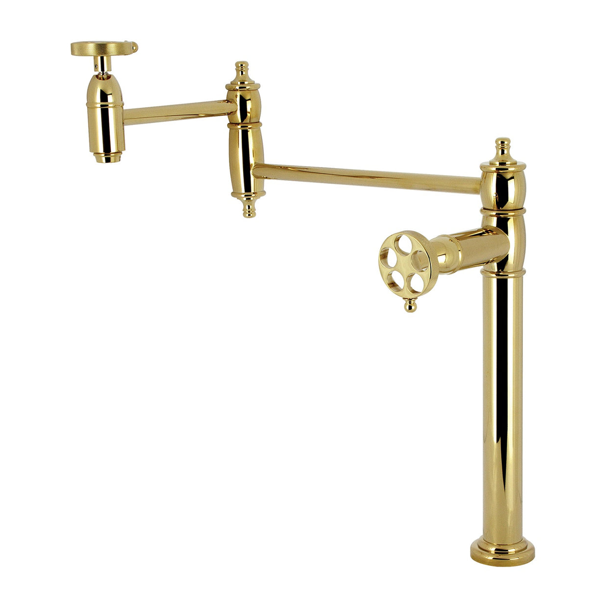Wendell KS3702RKZ Two-Handle 1-Hole Deck Mount Pot Filler Faucet with Knurled Handle, Polished Brass