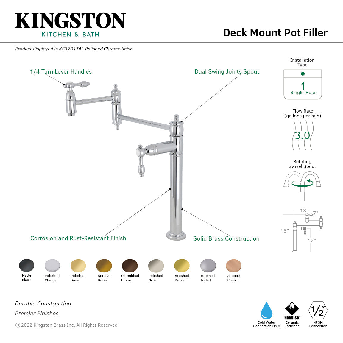 Tudor KS3702TAL Single-Hole Deck Mount Pot Filler, Polished Brass