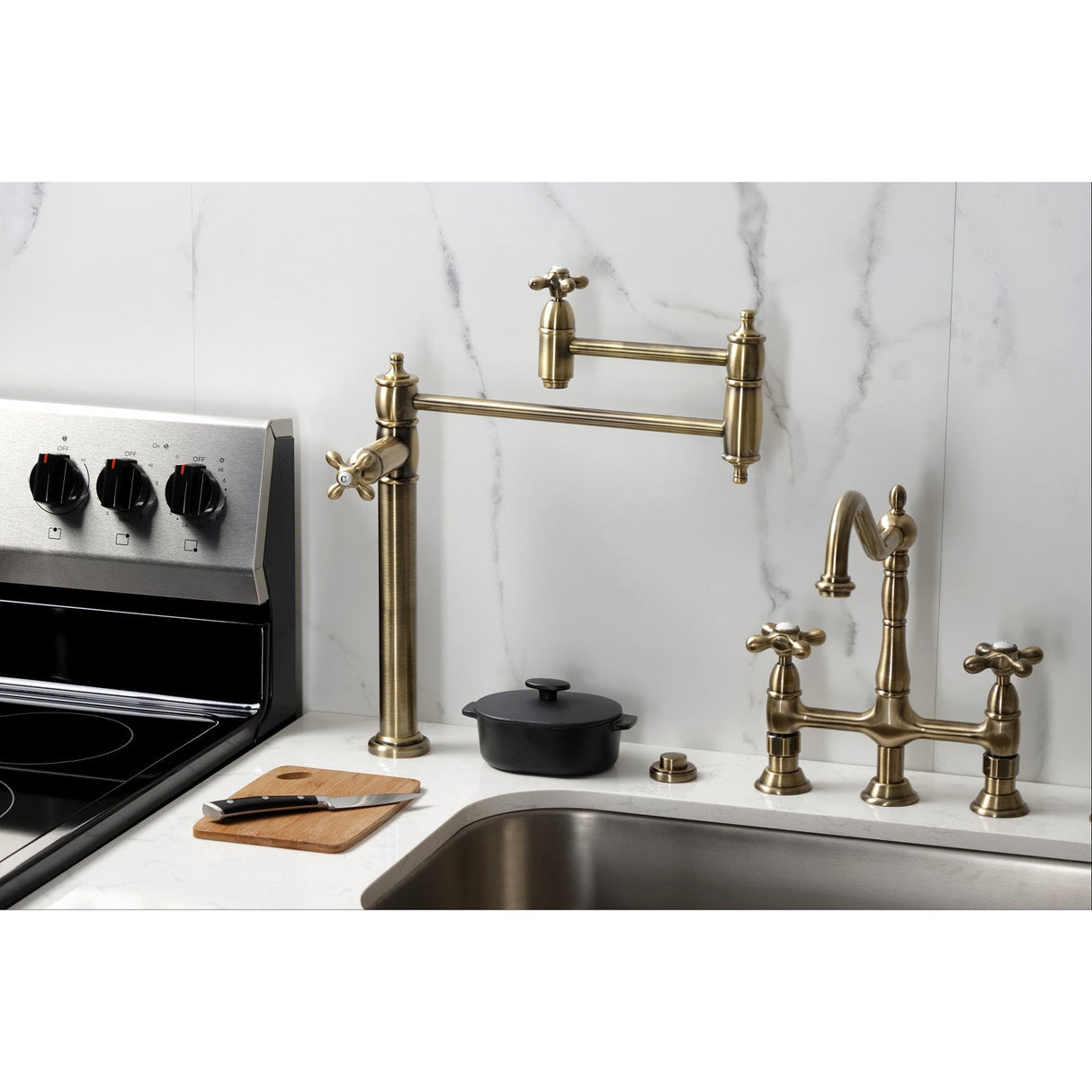 Restoration KS3703AX Single-Hole Deck Mount Pot Filler, Antique Brass