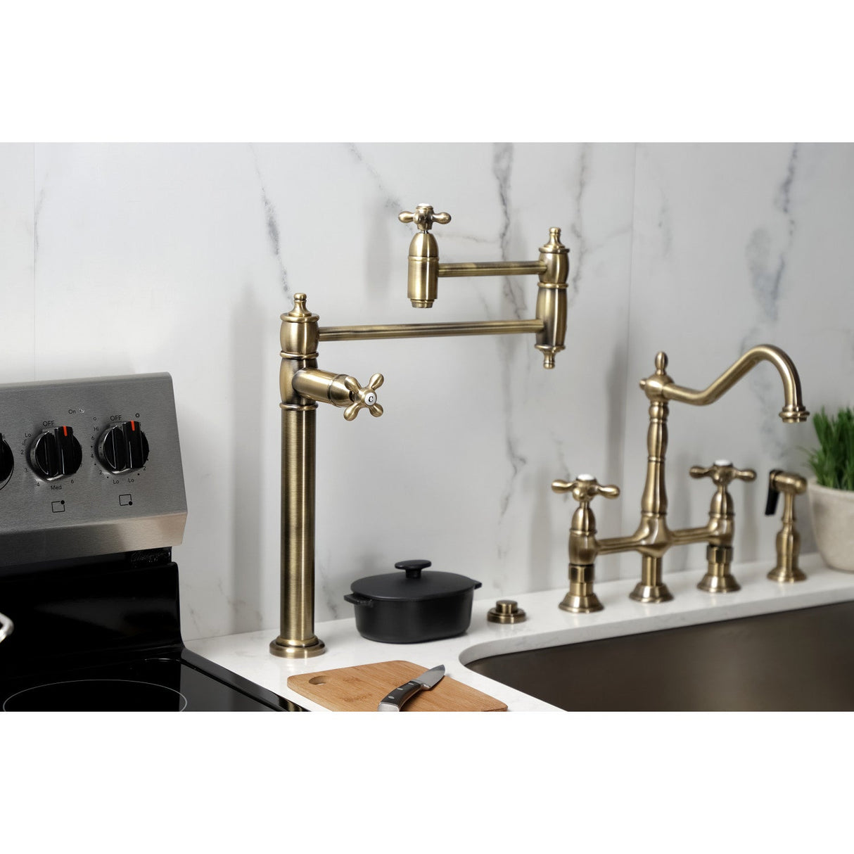 Restoration KS3703AX Single-Hole Deck Mount Pot Filler, Antique Brass