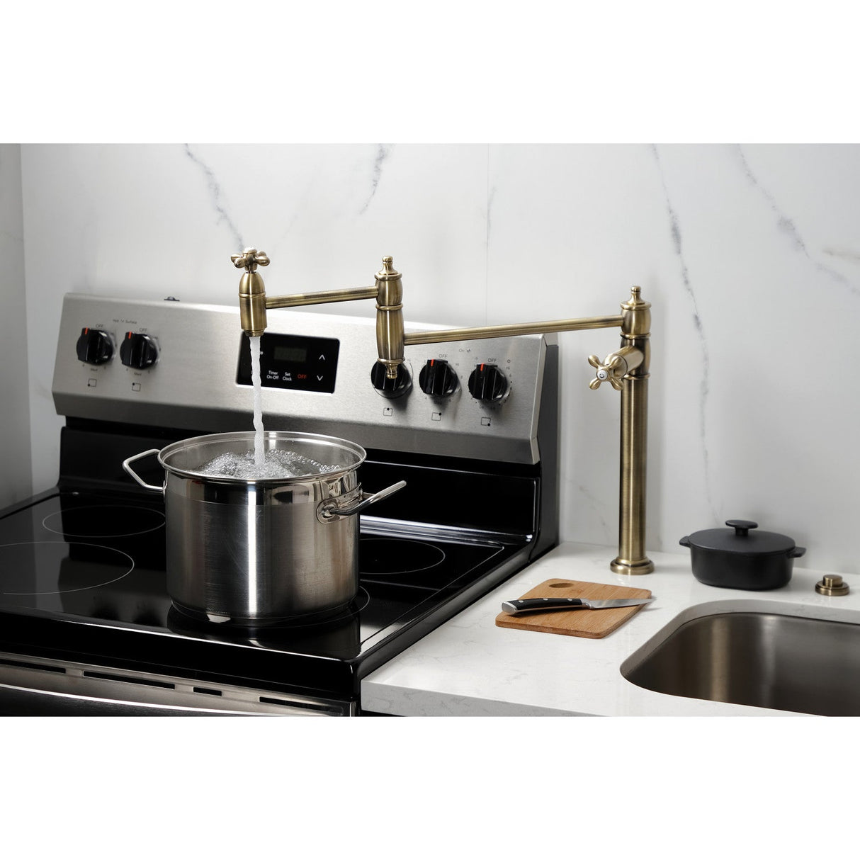 Restoration KS3703AX Single-Hole Deck Mount Pot Filler, Antique Brass