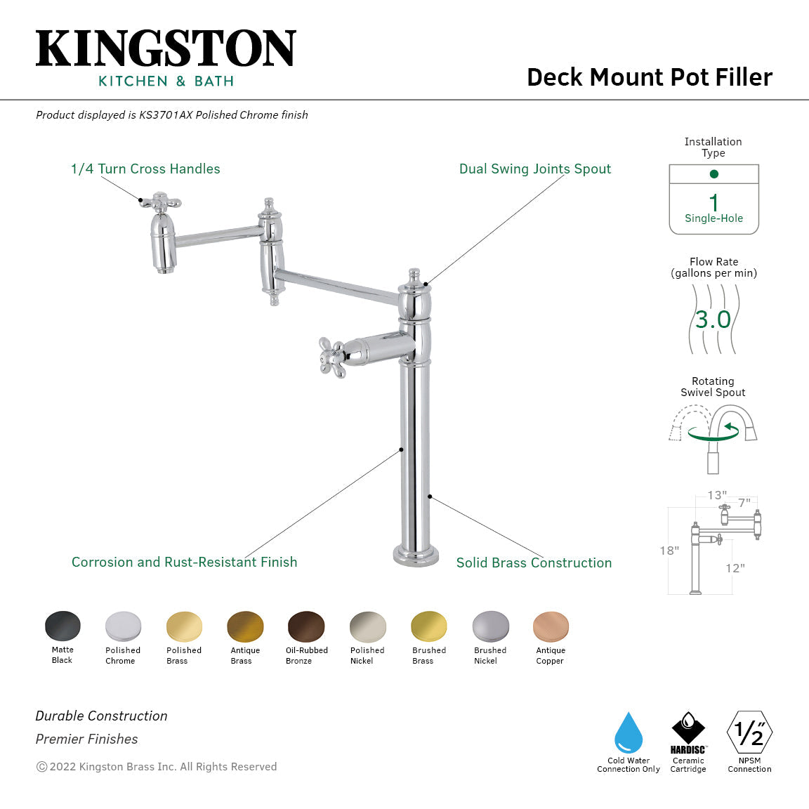 Restoration KS3706AX Single-Hole Deck Mount Pot Filler, Polished Nickel
