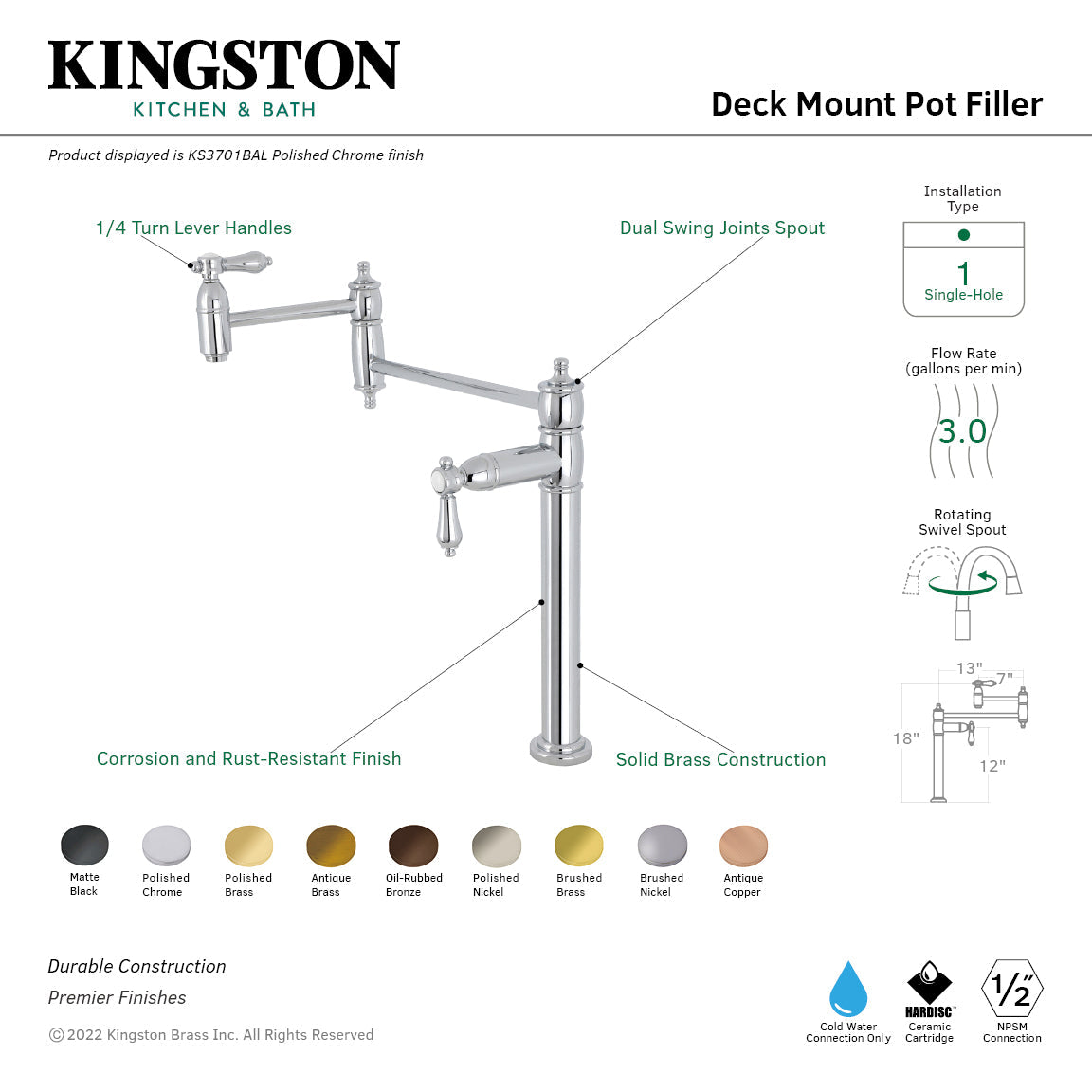 Heirloom KS3706BAL Single-Hole Deck Mount Pot Filler, Polished Nickel