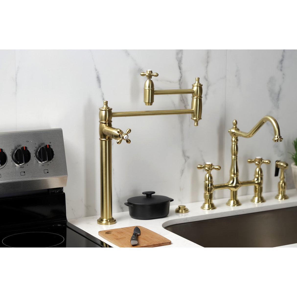 Restoration KS3707AX Single-Hole Deck Mount Pot Filler, Brushed Brass