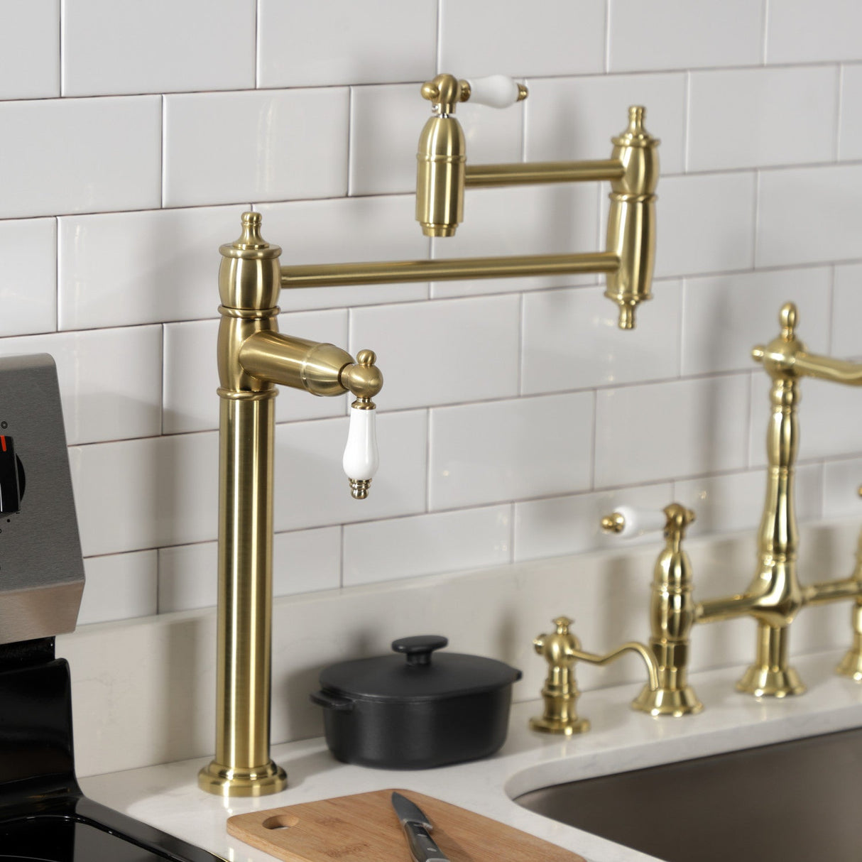 Restoration KS3707PL Single-Hole Deck Mount Pot Filler, Brushed Brass