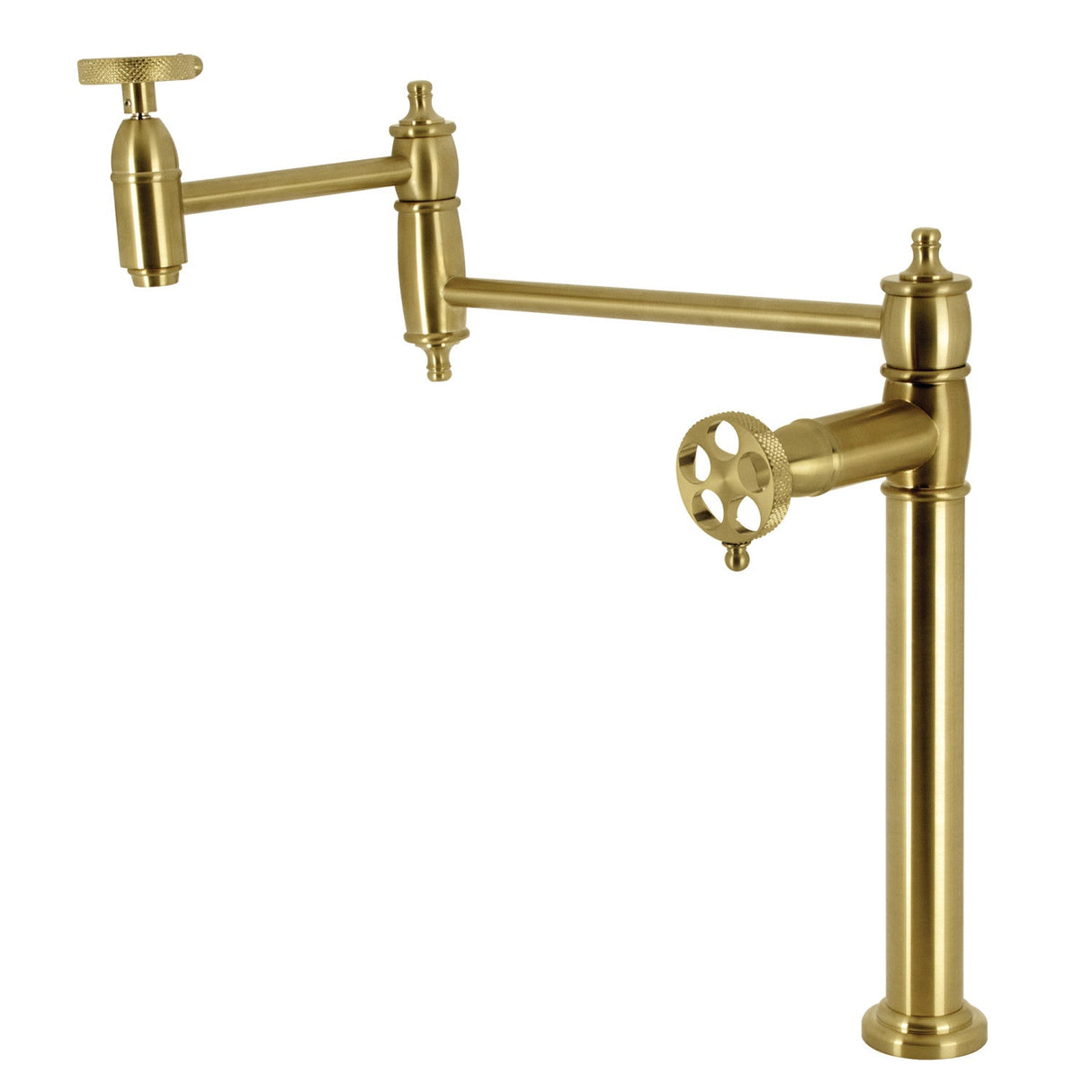 Webb KS3707RKX Two-Handle 1-Hole Deck Mount Pot Filler Faucet with Knurled Handle, Brushed Brass