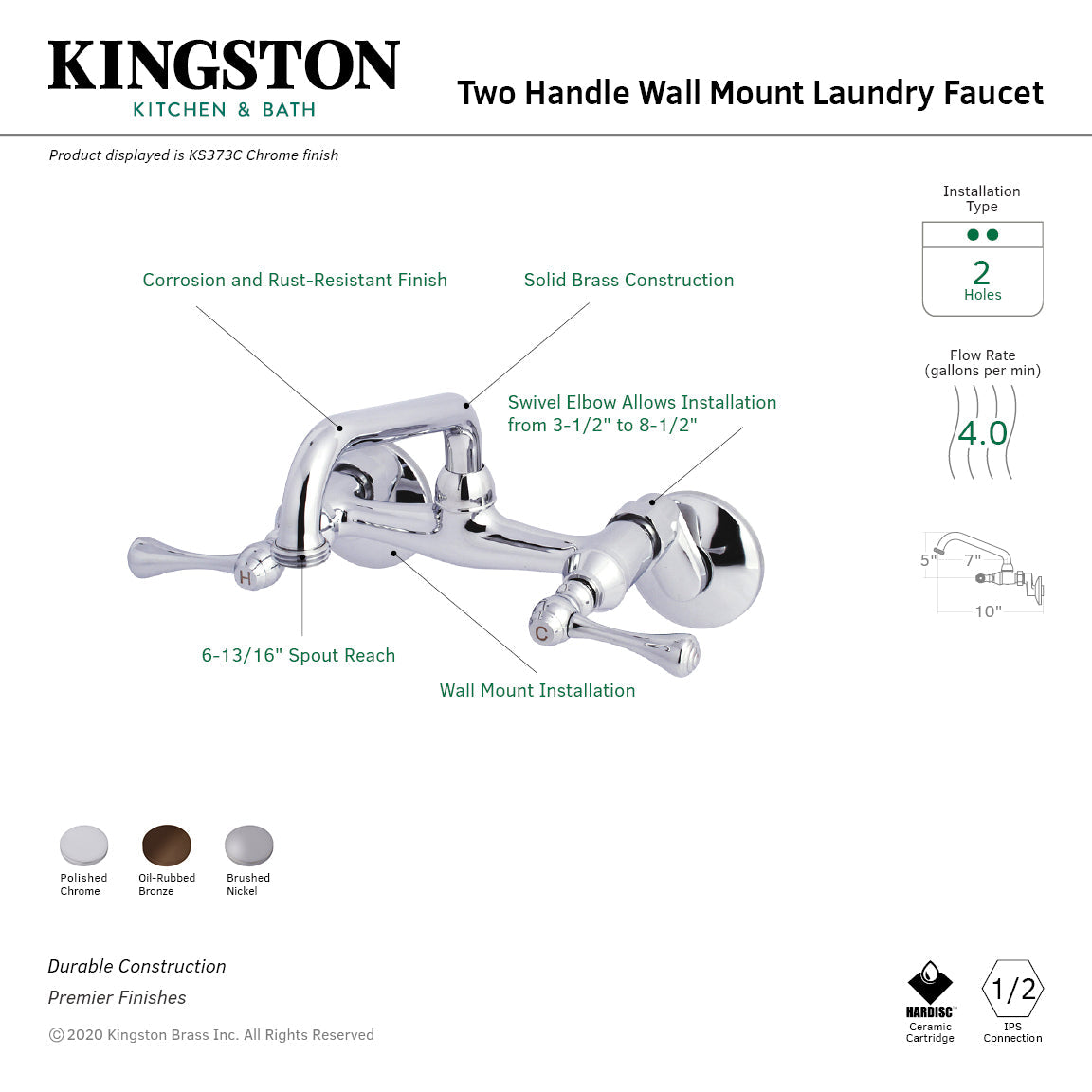 Kingston KS373ORB Two-Handle 2-Hole Wall Mount Laundry Faucet, Oil Rubbed Bronze