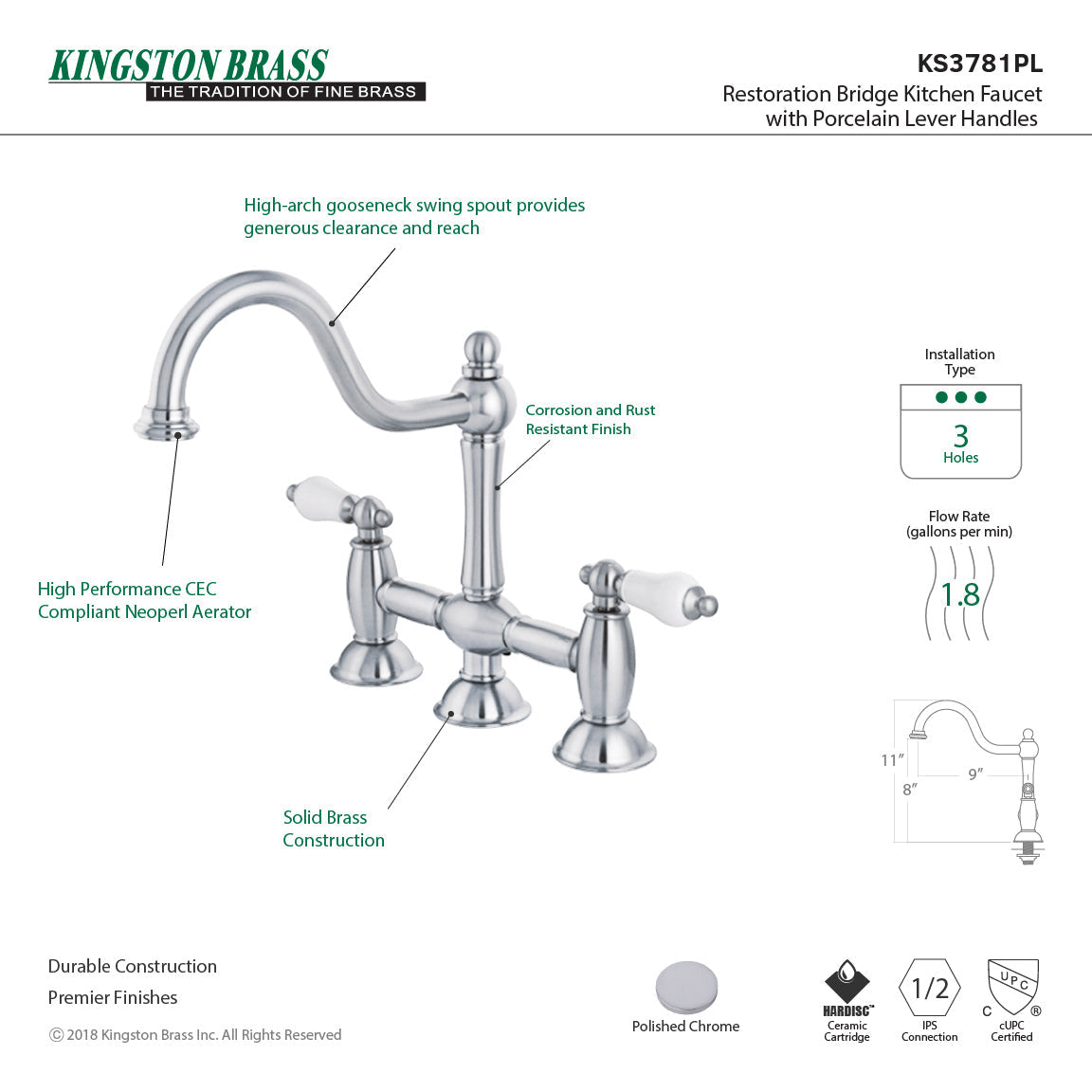 Restoration KS3781PL Two-Handle 3-Hole Deck Mount Bridge Kitchen Faucet, Polished Chrome