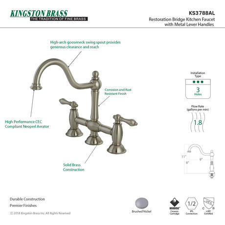 Restoration KS3788AL Two-Handle 3-Hole Deck Mount Bridge Kitchen Faucet, Brushed Nickel