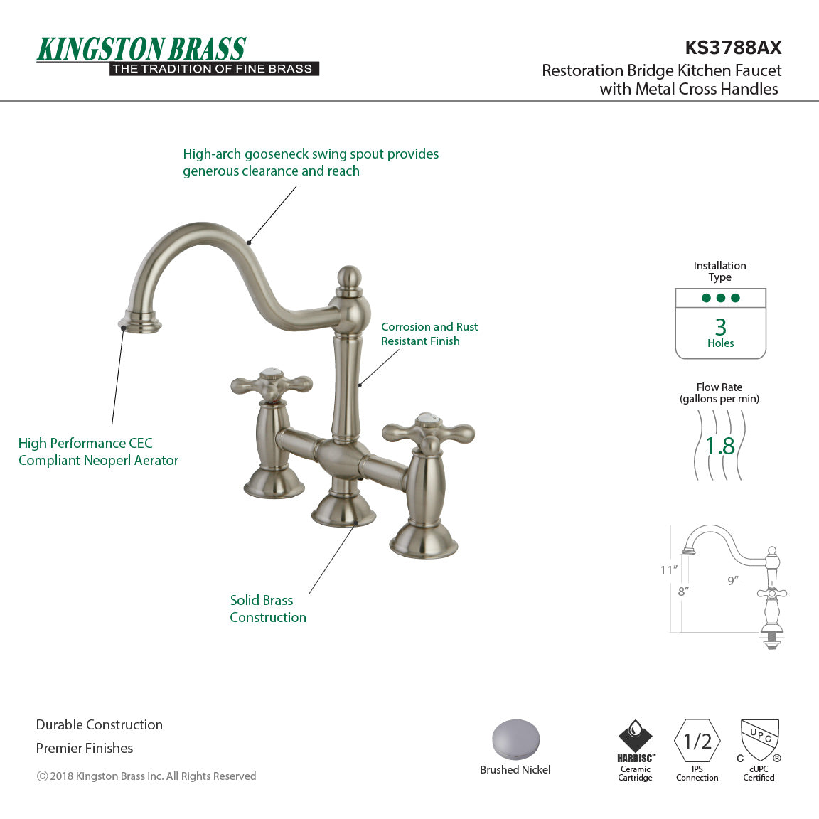 Restoration KS3788AX Two-Handle 3-Hole Deck Mount Bridge Kitchen Faucet, Brushed Nickel