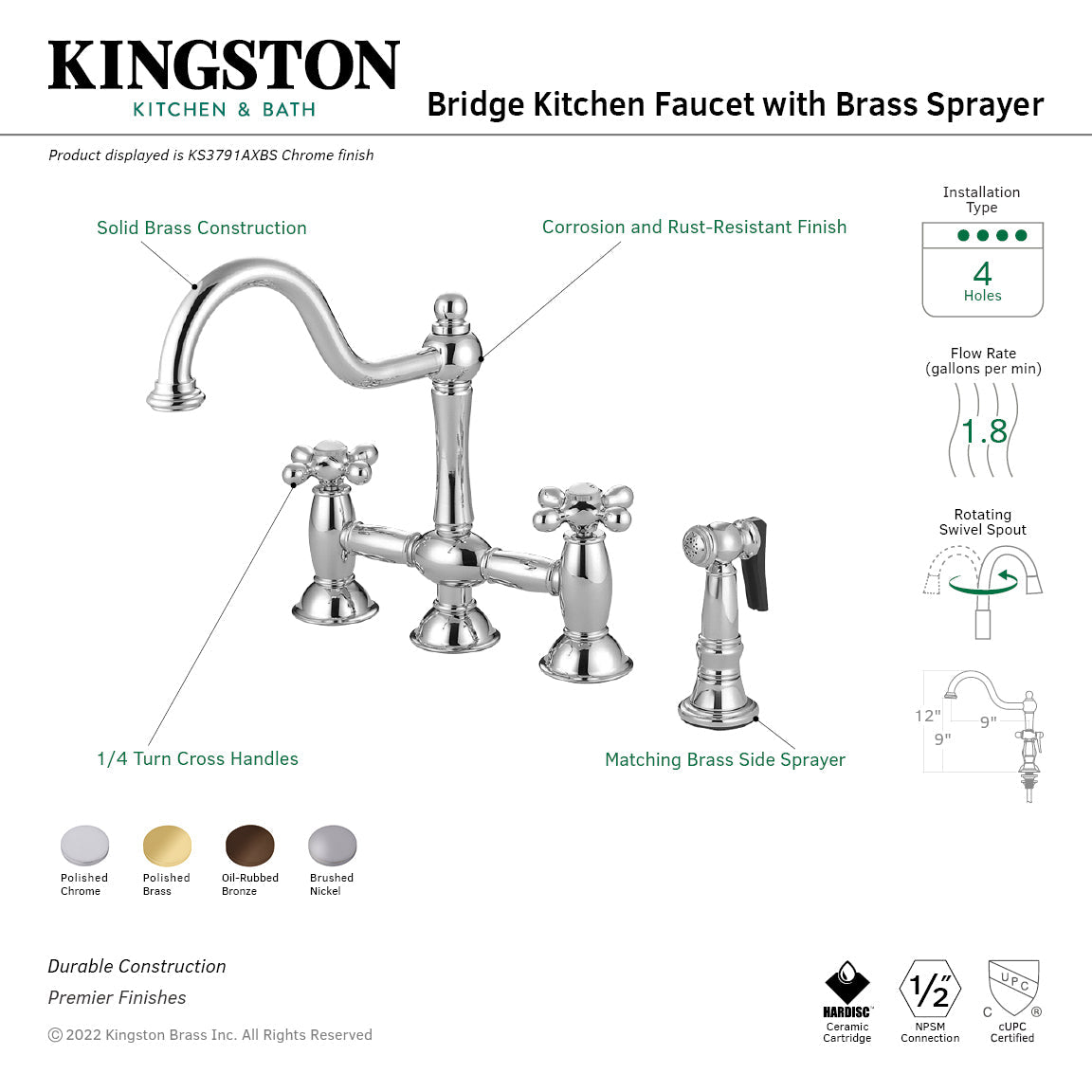 Restoration KS3791AXBS Two-Handle 4-Hole Deck Mount Bridge Kitchen Faucet with Brass Sprayer, Polished Chrome