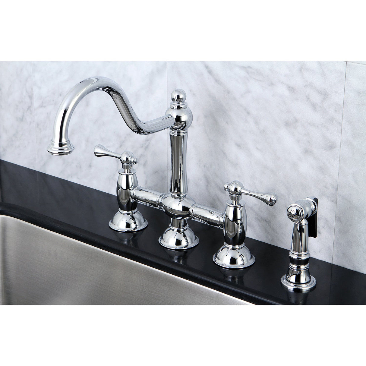 Restoration KS3791BLBS Two-Handle 4-Hole Deck Mount Bridge Kitchen Faucet with Brass Sprayer, Polished Chrome