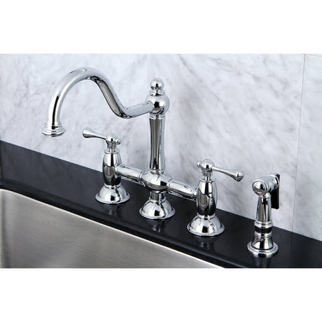 Restoration KS3791BLBS Two-Handle 4-Hole Deck Mount Bridge Kitchen Faucet with Brass Sprayer, Polished Chrome