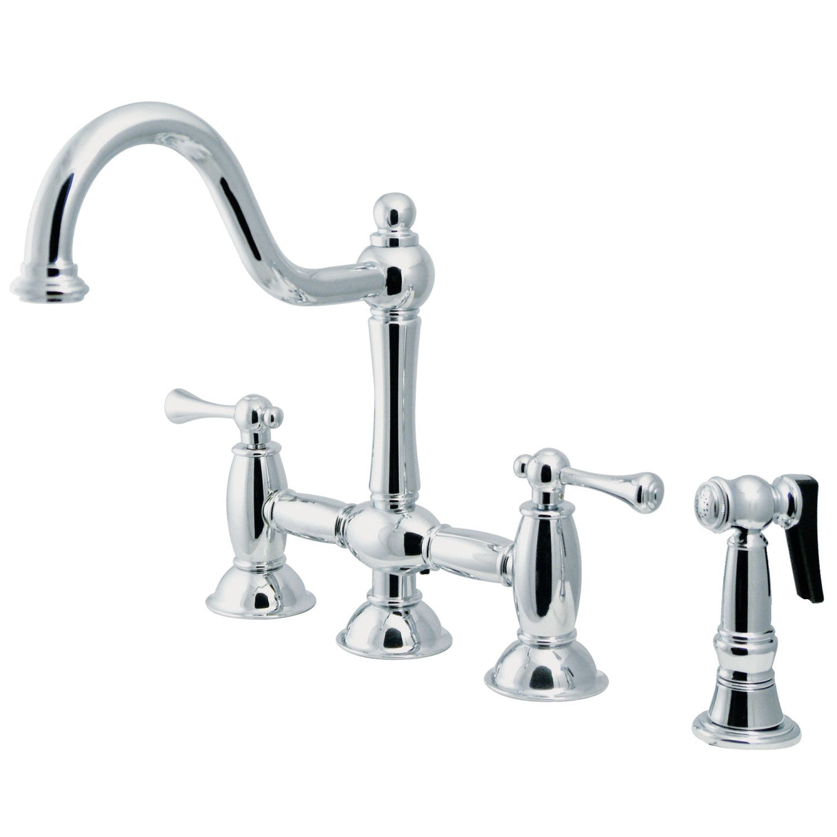 Restoration KS3791BLBS Two-Handle 4-Hole Deck Mount Bridge Kitchen Faucet with Brass Sprayer, Polished Chrome