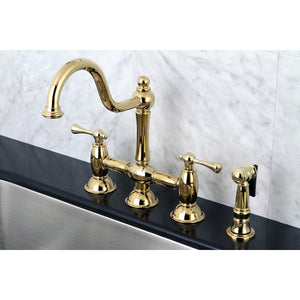 Restoration KS3792BLBS Two-Handle 4-Hole Deck Mount Bridge Kitchen Faucet with Brass Sprayer, Polished Brass