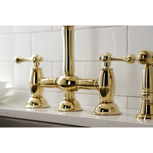 Restoration KS3792BLBS Two-Handle 4-Hole Deck Mount Bridge Kitchen Faucet with Brass Sprayer, Polished Brass