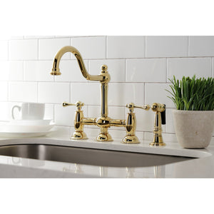 Restoration KS3792BLBS Two-Handle 4-Hole Deck Mount Bridge Kitchen Faucet with Brass Sprayer, Polished Brass