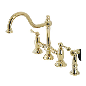 Restoration KS3792BLBS Two-Handle 4-Hole Deck Mount Bridge Kitchen Faucet with Brass Sprayer, Polished Brass