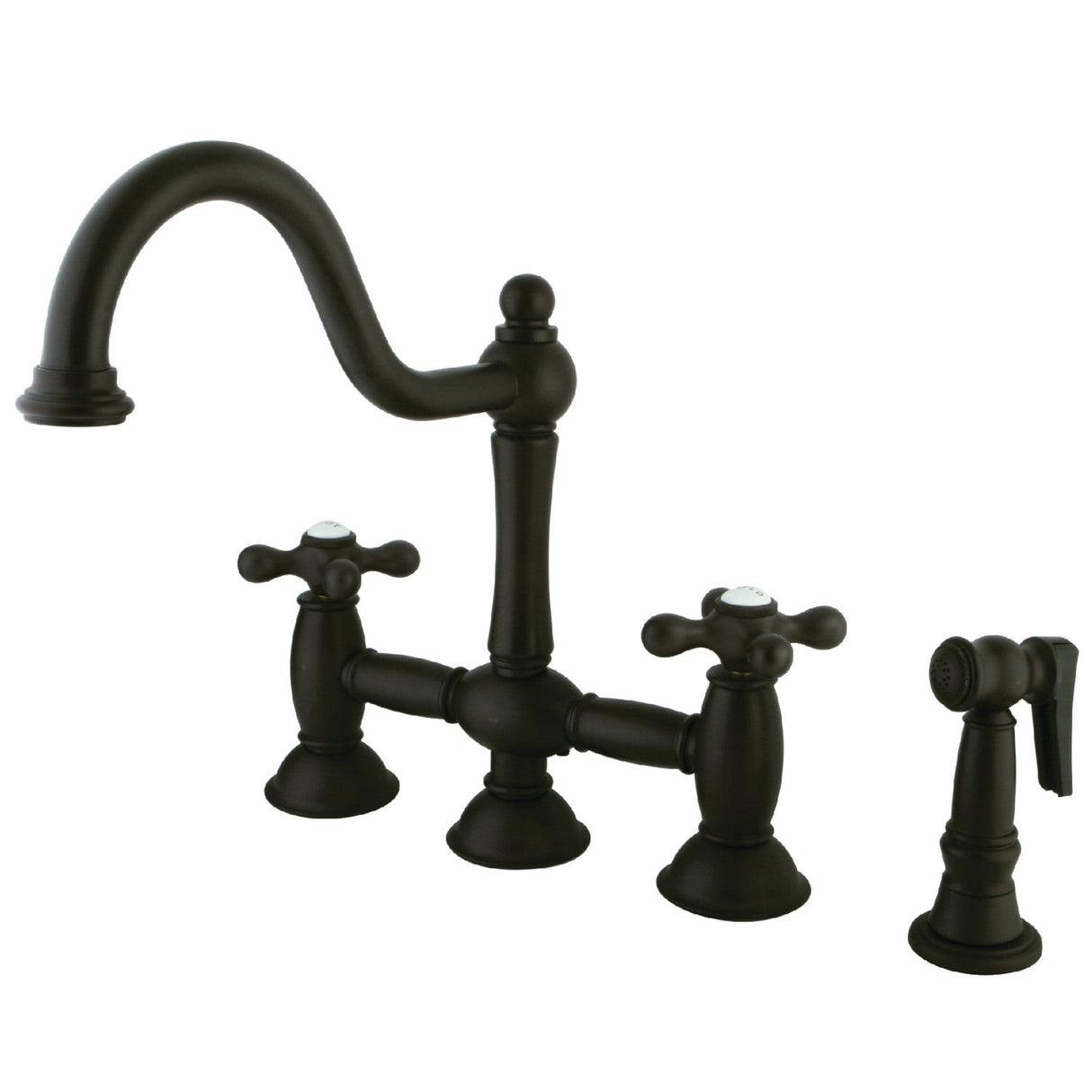 Restoration KS3795AXBS Two-Handle 4-Hole Deck Mount Bridge Kitchen Faucet with Brass Sprayer, Oil Rubbed Bronze