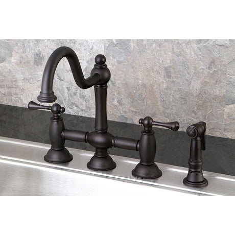 Restoration KS3795BLBS Two-Handle 4-Hole Deck Mount Bridge Kitchen Faucet with Brass Sprayer, Oil Rubbed Bronze