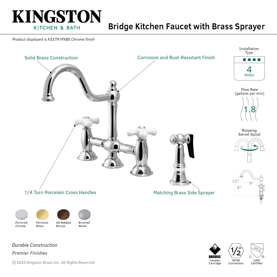 Restoration KS3795PXBS Two-Handle 4-Hole Deck Mount Bridge Kitchen Faucet with Brass Sprayer, Oil Rubbed Bronze